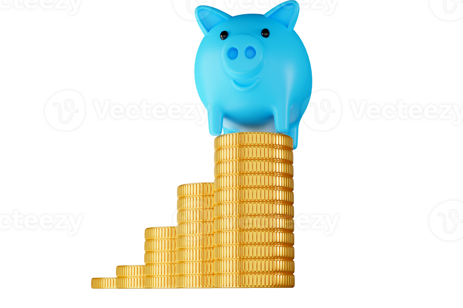 blue pig and Gold stack coins transparency 3D rendering illustration png