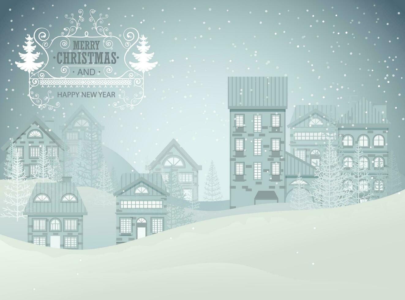 Winter city night landscape. Christmas and New Year concept for greeting card. Vector illustration.