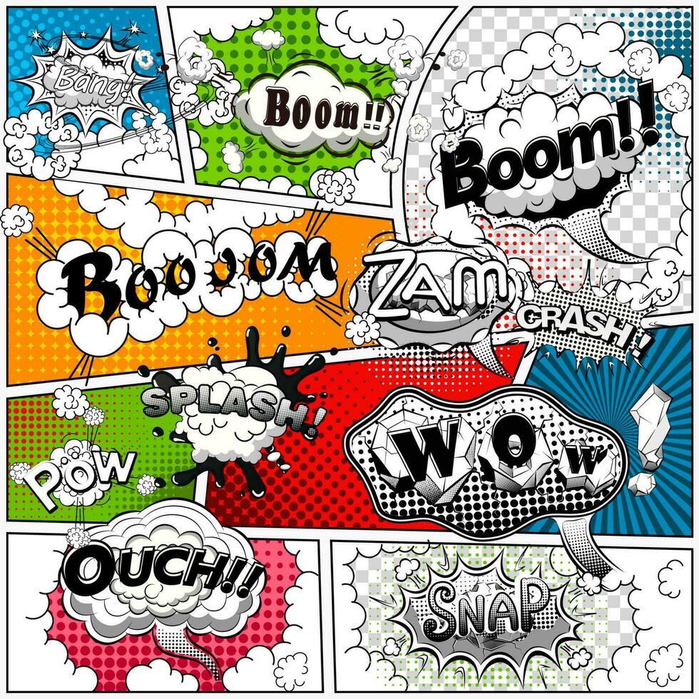 Comic book page divided by lines with black and white speech bubbles, sounds effect. Retro background Mock-up. Comics template. Vector illustration