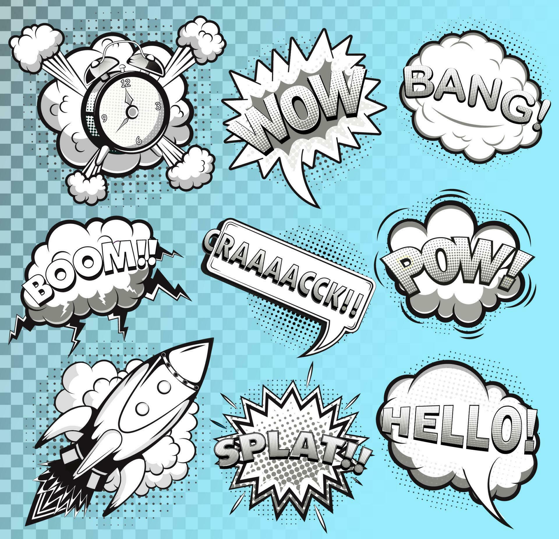 Comic speech bubbles black and white. Rocket. Alarm clock. Sound