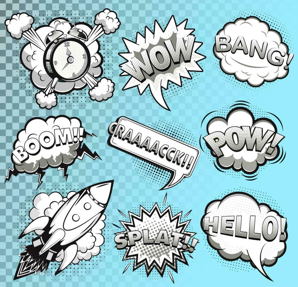 Comic speech bubbles black and white. Rocket. Alarm clock. Sound effects. Vector illustration