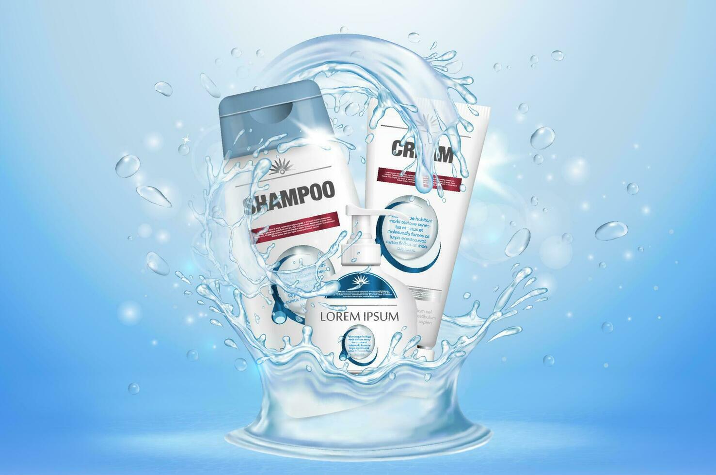 champú embalaje, crema tubo, jabón botella en un azul antecedentes con agua chapoteo. cosmético marca modelo. cuerpo cuidado productos vector ilustración.