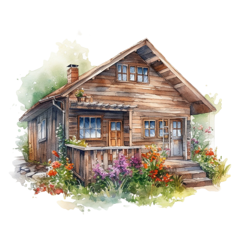 Wooden home watercolor painting, png