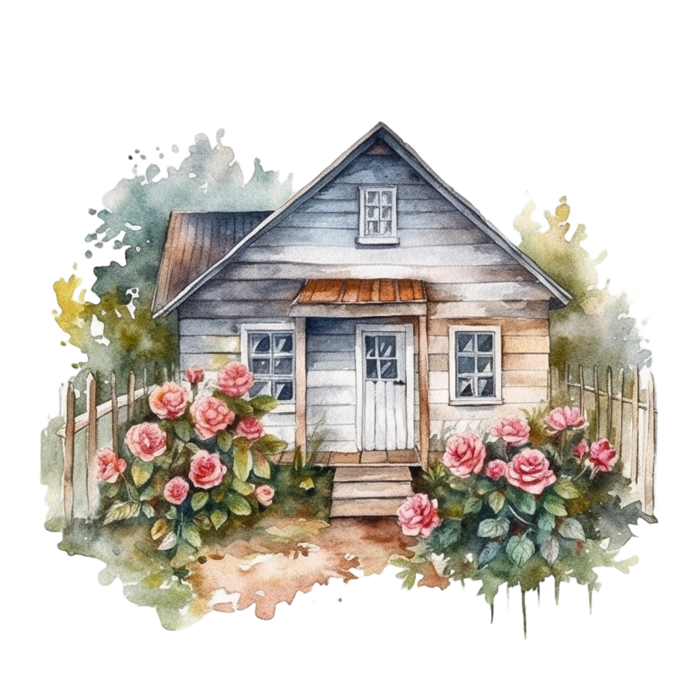 Wooden home watercolor painting, png