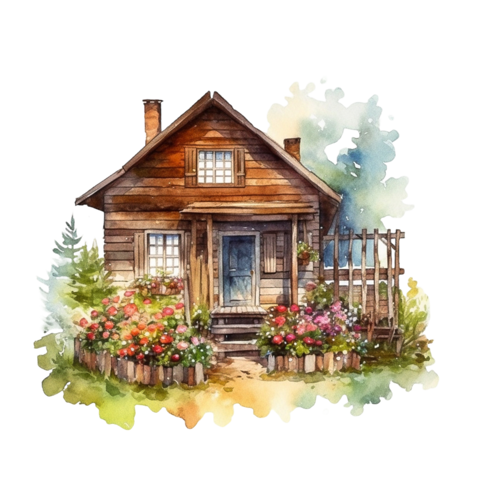 Wooden home watercolor painting, png