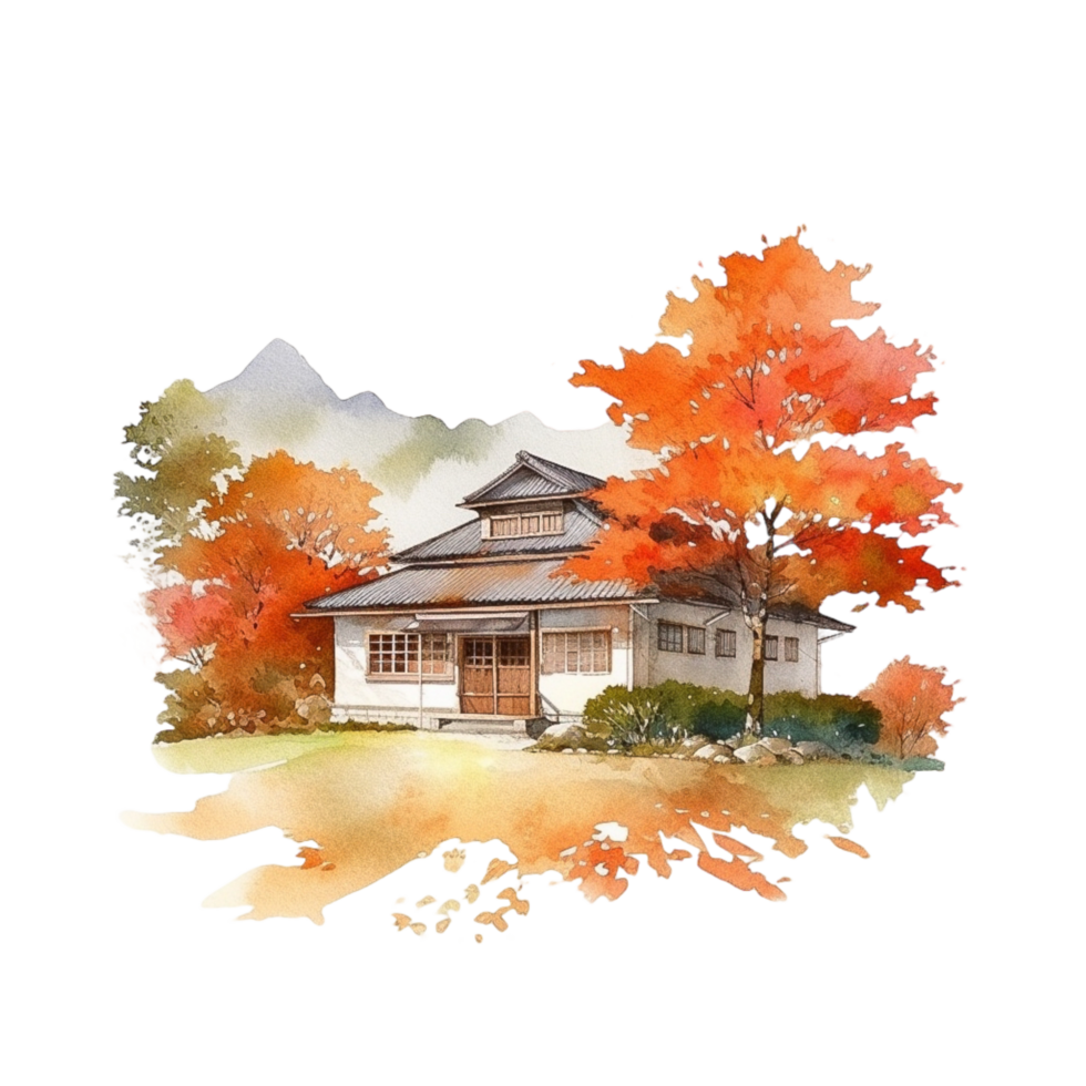 Japanese house with autumn leaves, png