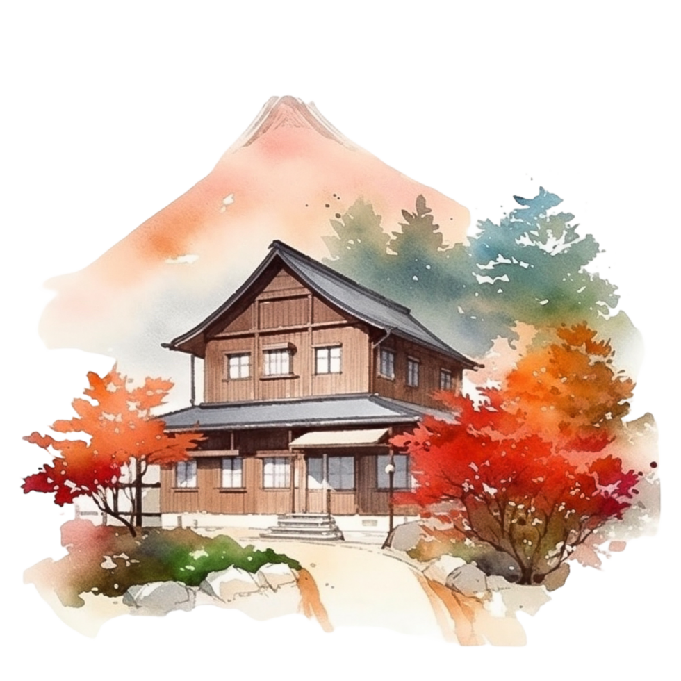 Japanese house with autumn leaves, png