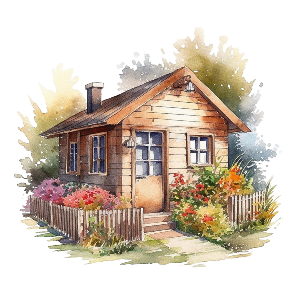 Wooden home watercolor painting, png