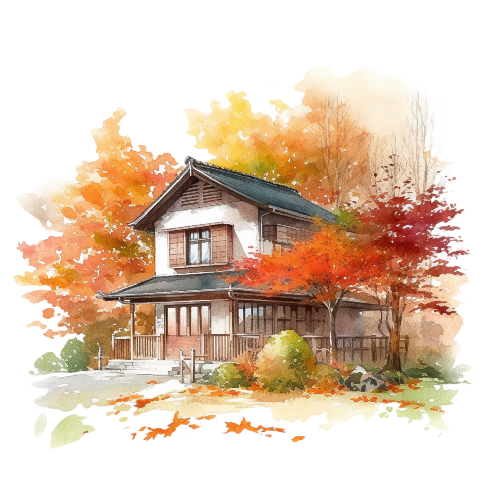 Japanese house with autumn leaves, png