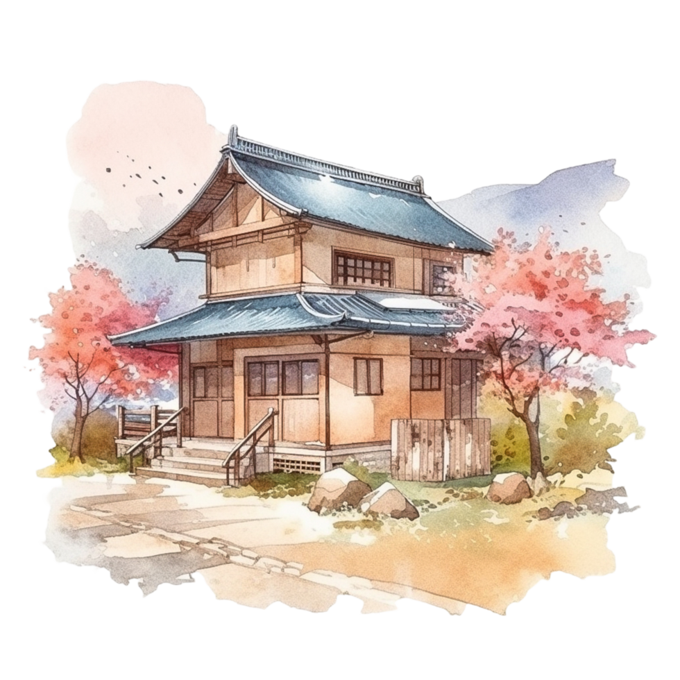 Japanese house with autumn leaves, png