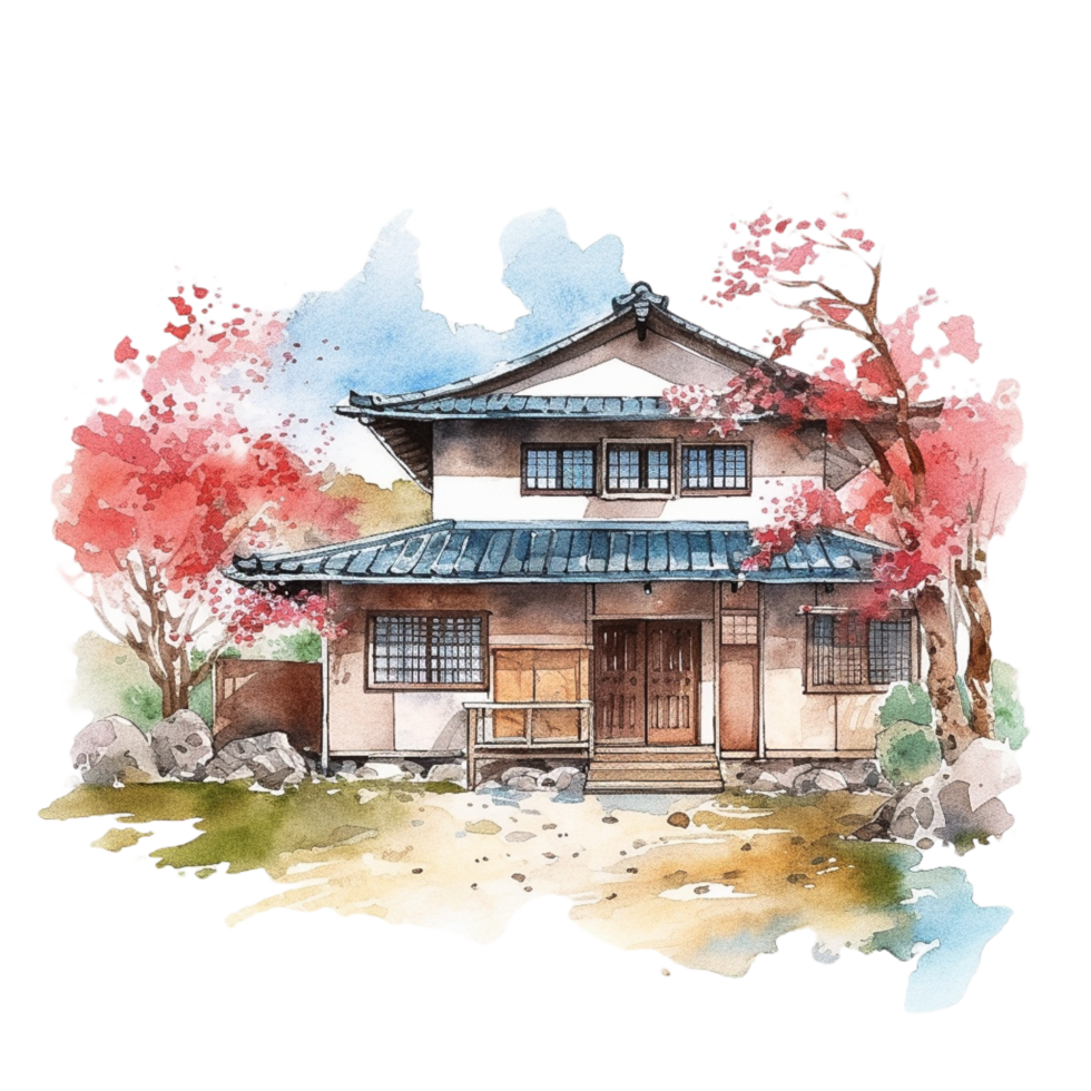 Japanese house with autumn leaves, png