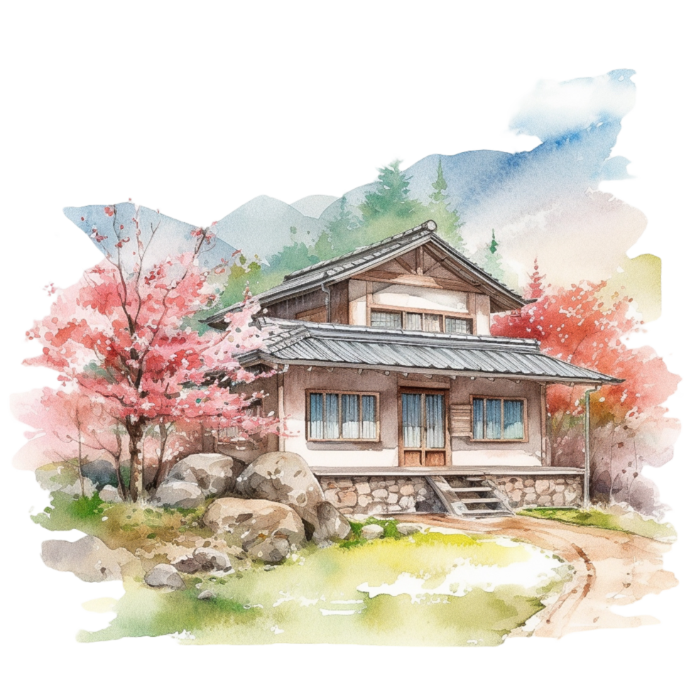 Japanese house with autumn leaves, AI Generated png