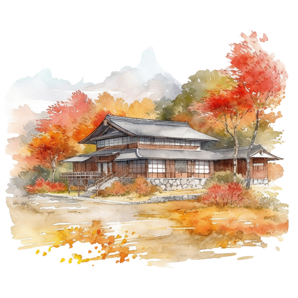 Japanese house with autumn leaves, png