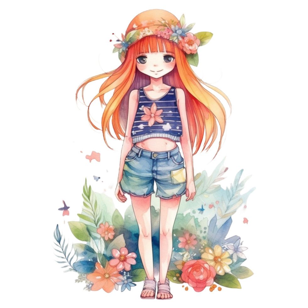 Cute Girl Anime Kawaii Watercolor Ilustration AI Generated Stock