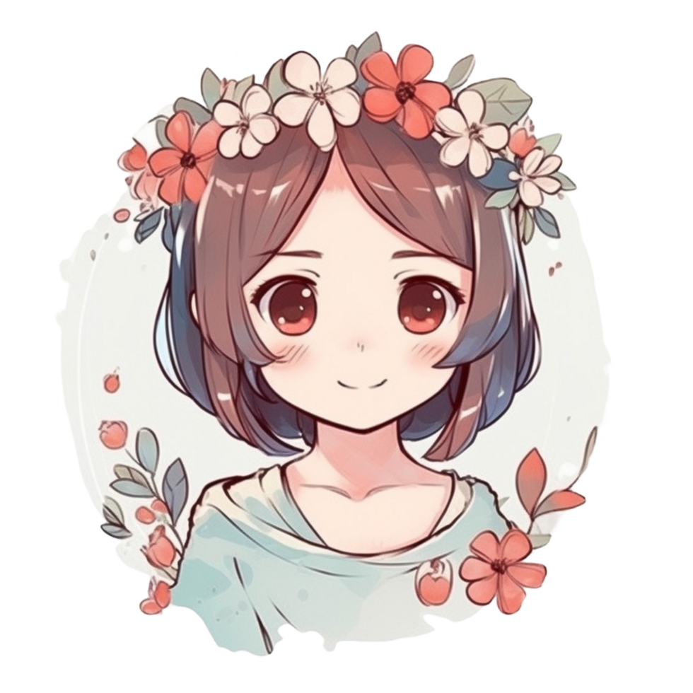 Cute girl cartoon character with flower on head, png