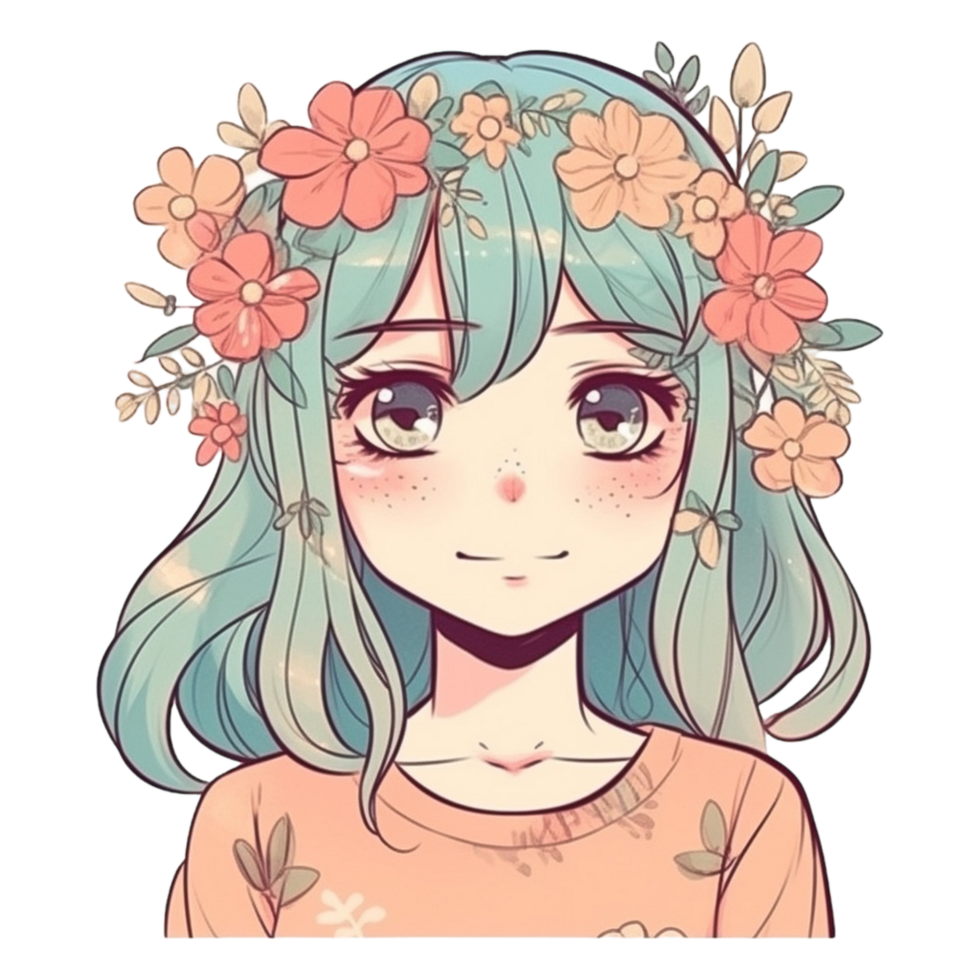 Cute girl cartoon character with flower on head, png