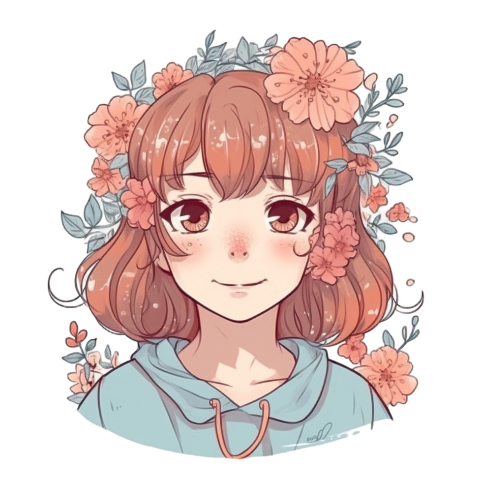 Cute girl cartoon character with flower on head, png