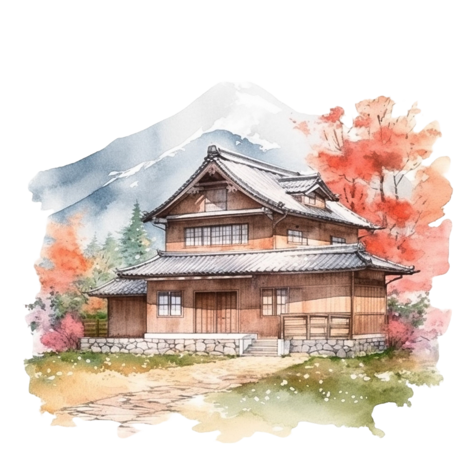 Japanese house with autumn leaves, png