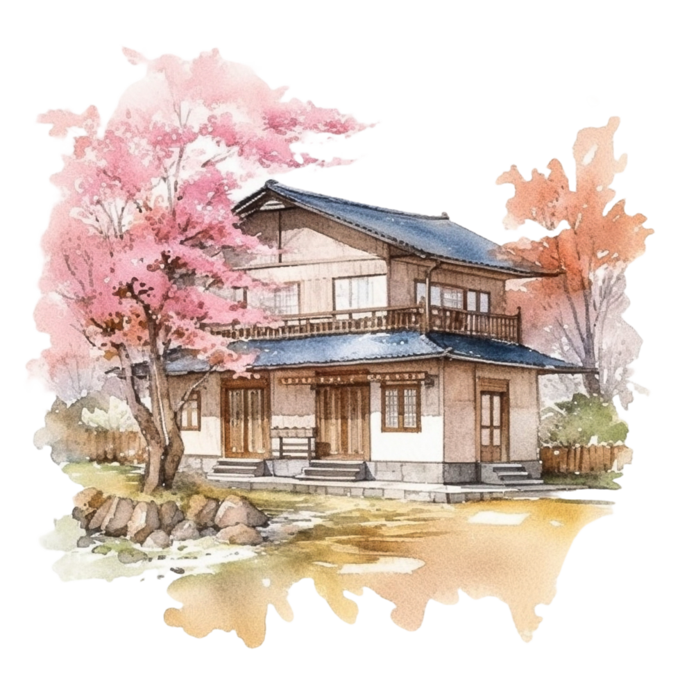 Japanese house with autumn leaves, png