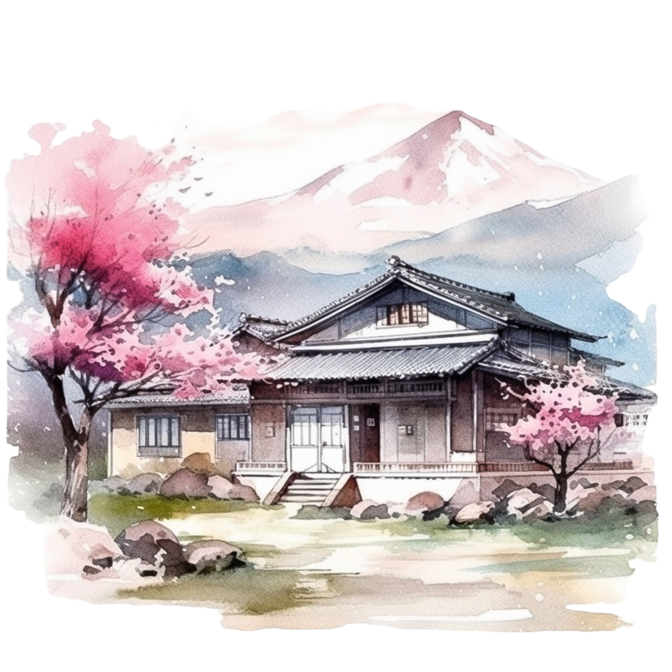 Japanese house with autumn leaves, png