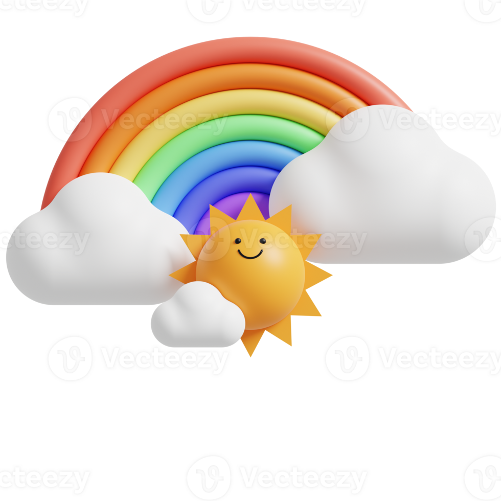 3d arc en ciel avec nuage et Soleil. 3d rendre illustration. png