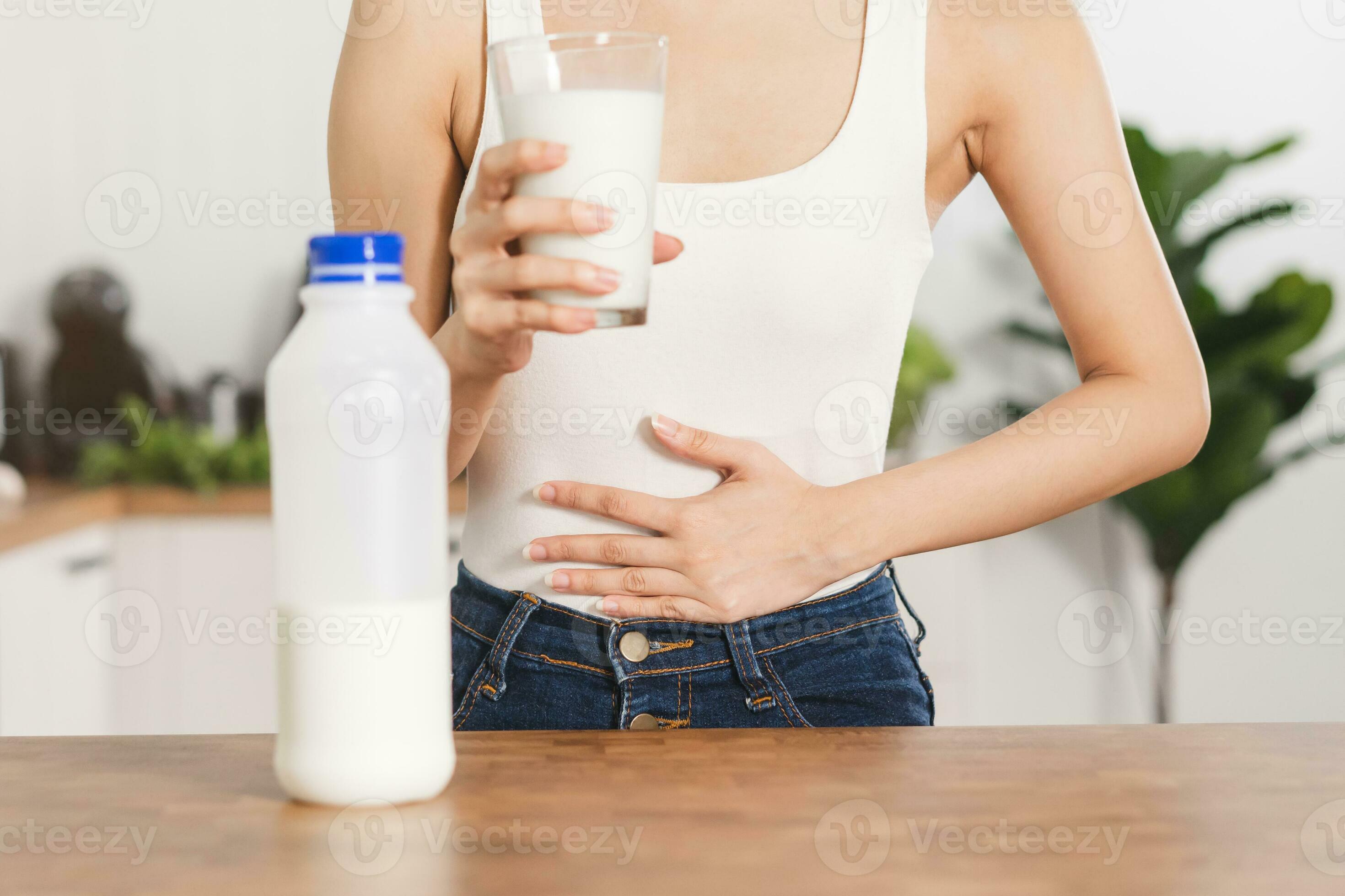 Pain, Allergy asian young woman, girl hand in belly suffer after drink