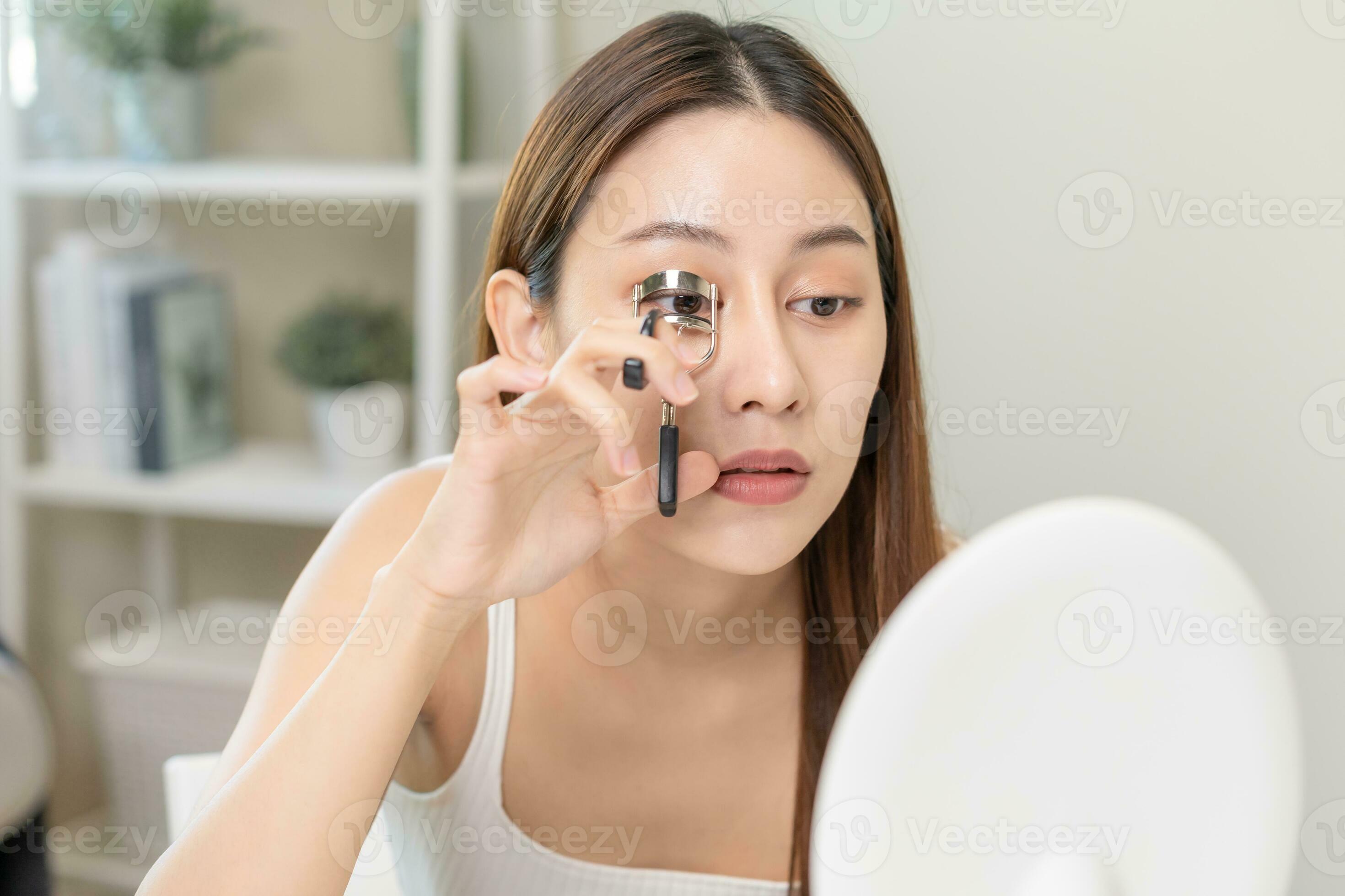 Happy beauty concept, asian young woman, girl make up face hand using