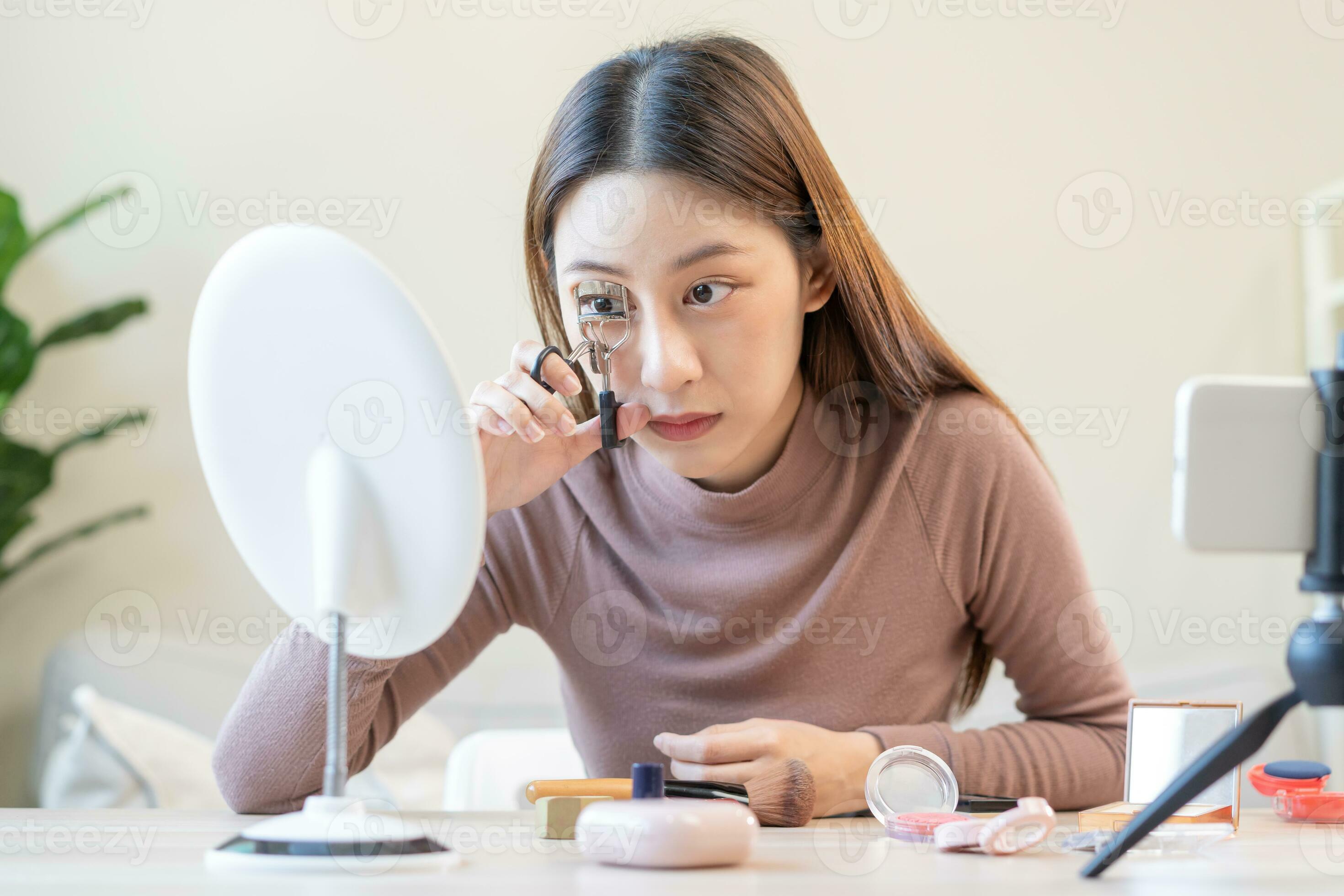 Beauty concept, beautiful asian young woman, girl makeup face by using