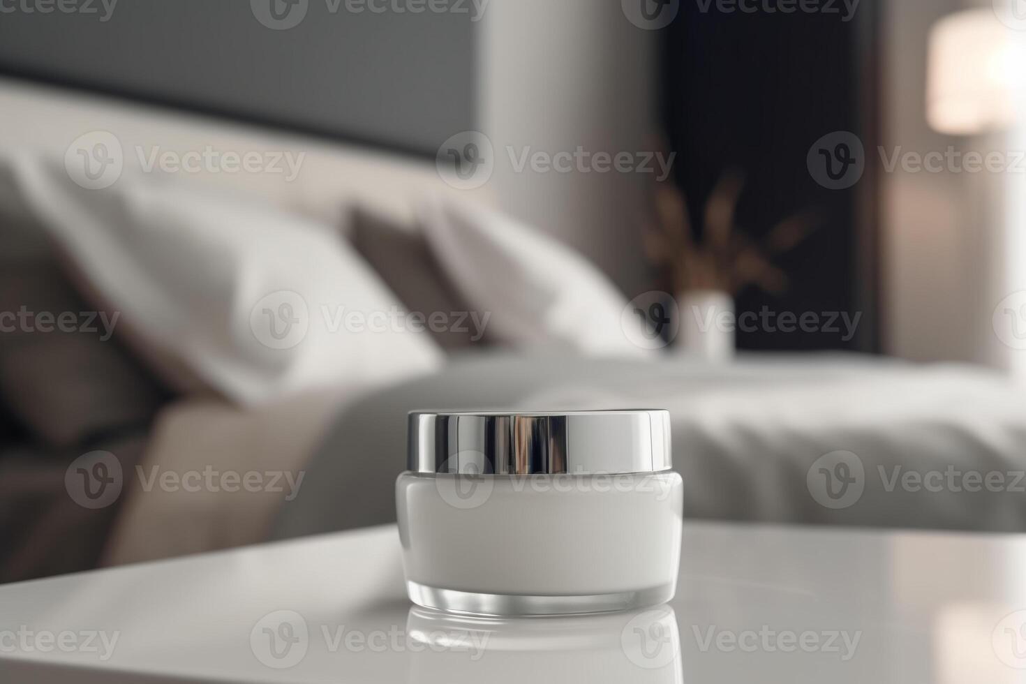 Blank, unbranded cosmetic cream jar indoors. Skin care product presentation. Skincare, beauty and spa. Glass jar with copy space, moisturizer. . photo