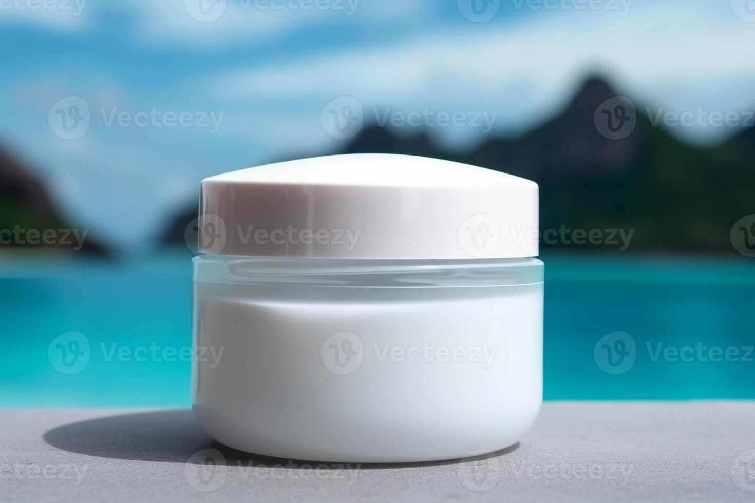 Blank, unbranded cosmetic cream jar outdoors, with blue water in the background. Skin care product presentation. Skincare, beauty. Jar with copy space, moisturizer. Lagoon, beach. . photo