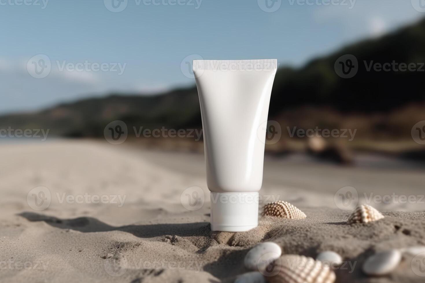 Blank, unbranded cosmetic cream tube standing on the beach. Skin care product presentation. Skincare, beauty. Tube with copy space, moisturizer. . photo