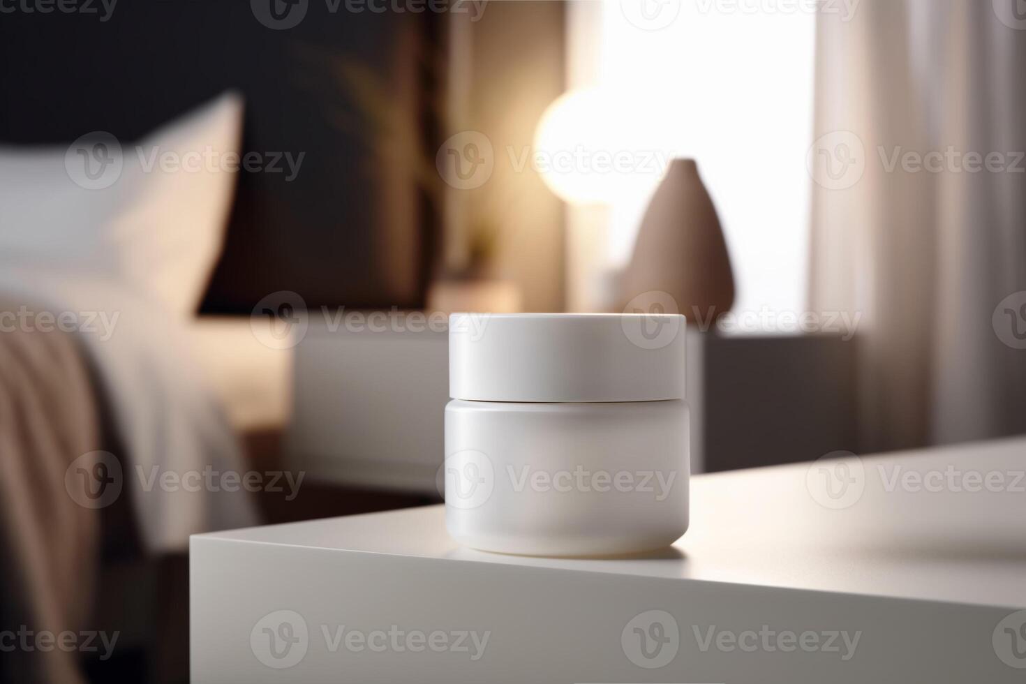 White and blank, unbranded cosmetic cream jar standing on the table at home. Skin care product presentation. Skincare, beauty and spa. Jar with copy space, moisturizer. . photo