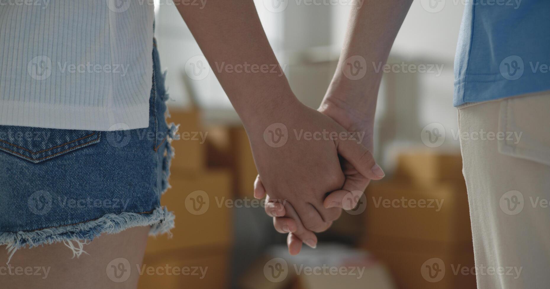 Two young women hand in hand at new home photo