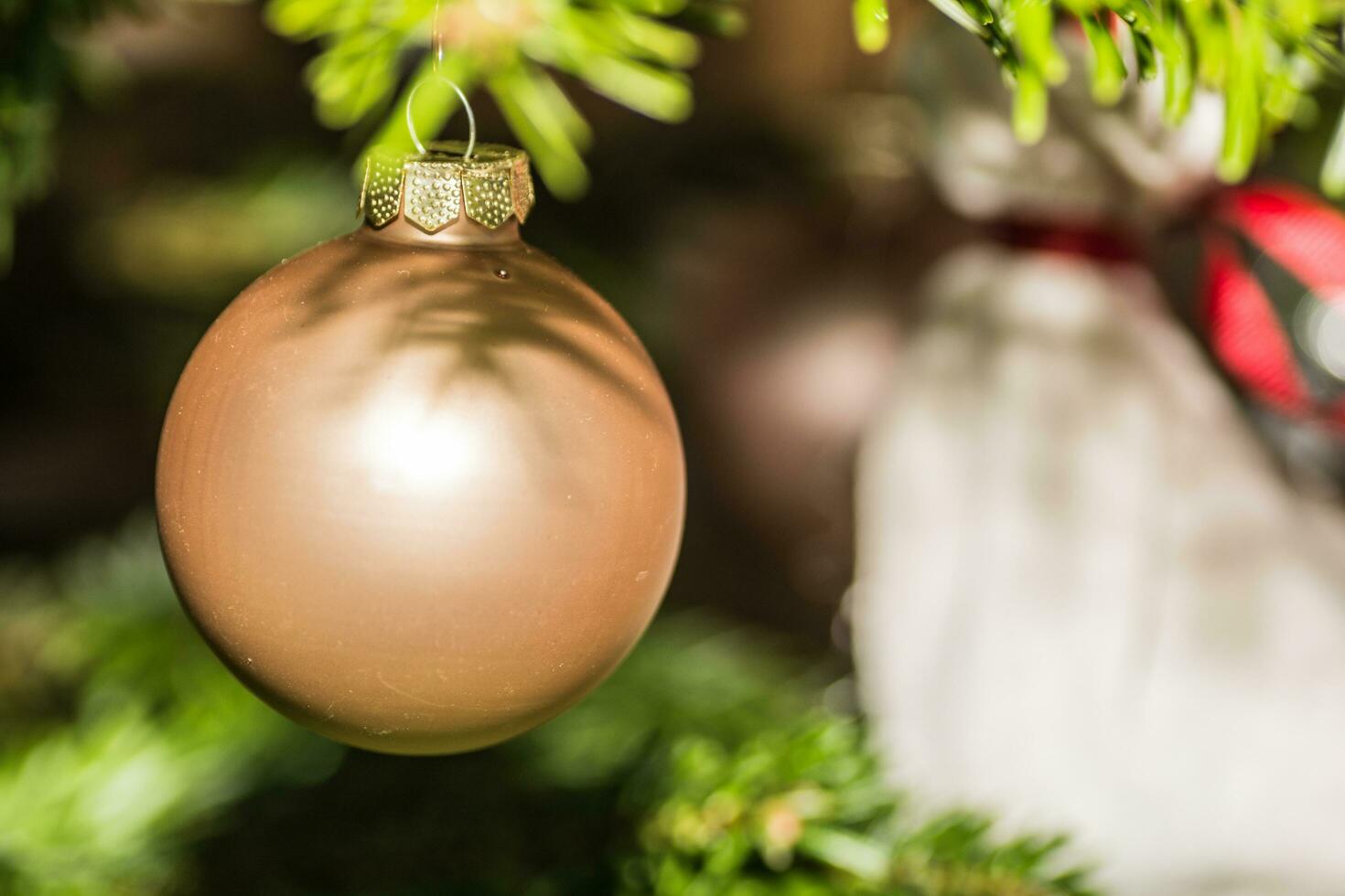golden ball hanging on a chistmas tree detail photo