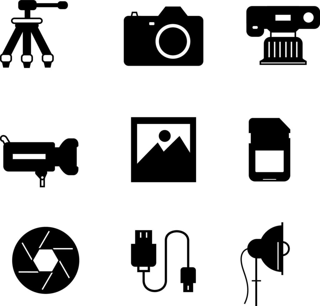 Set of different Photography tools silhouette vector illustration