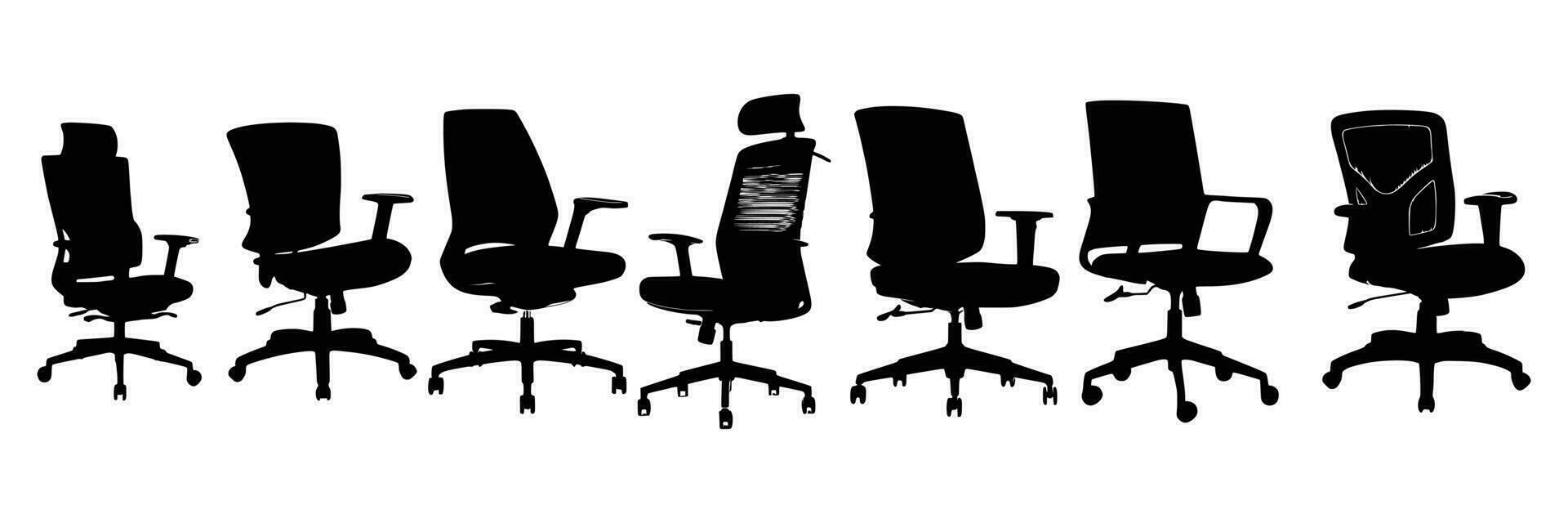Siete oficina sillas siluetas vector diseño.