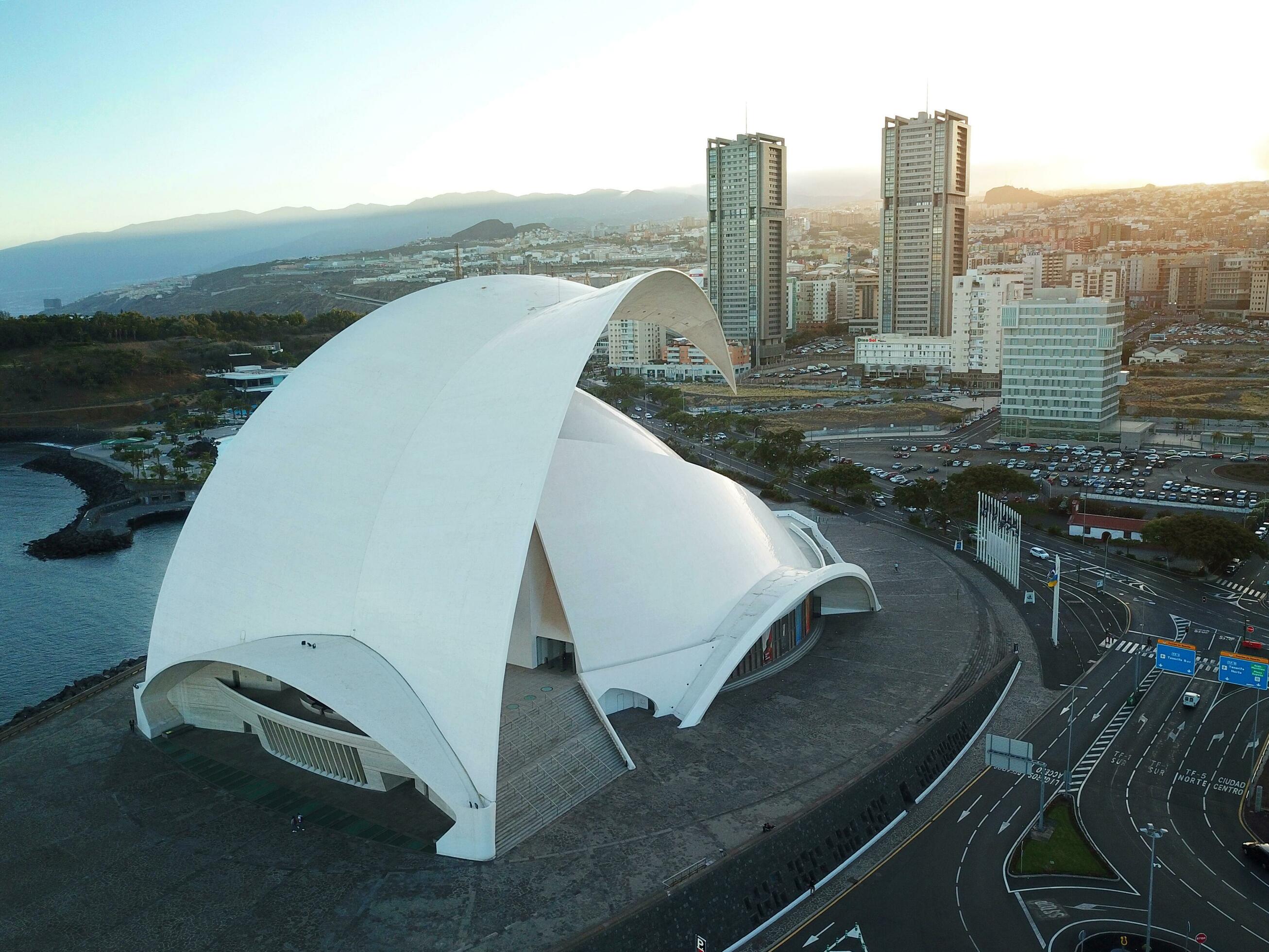 Aerial view of Auditorio de Tenerife at the city of Santa Cruz de