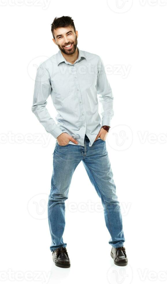 A young bearded man smiling isolated on white photo