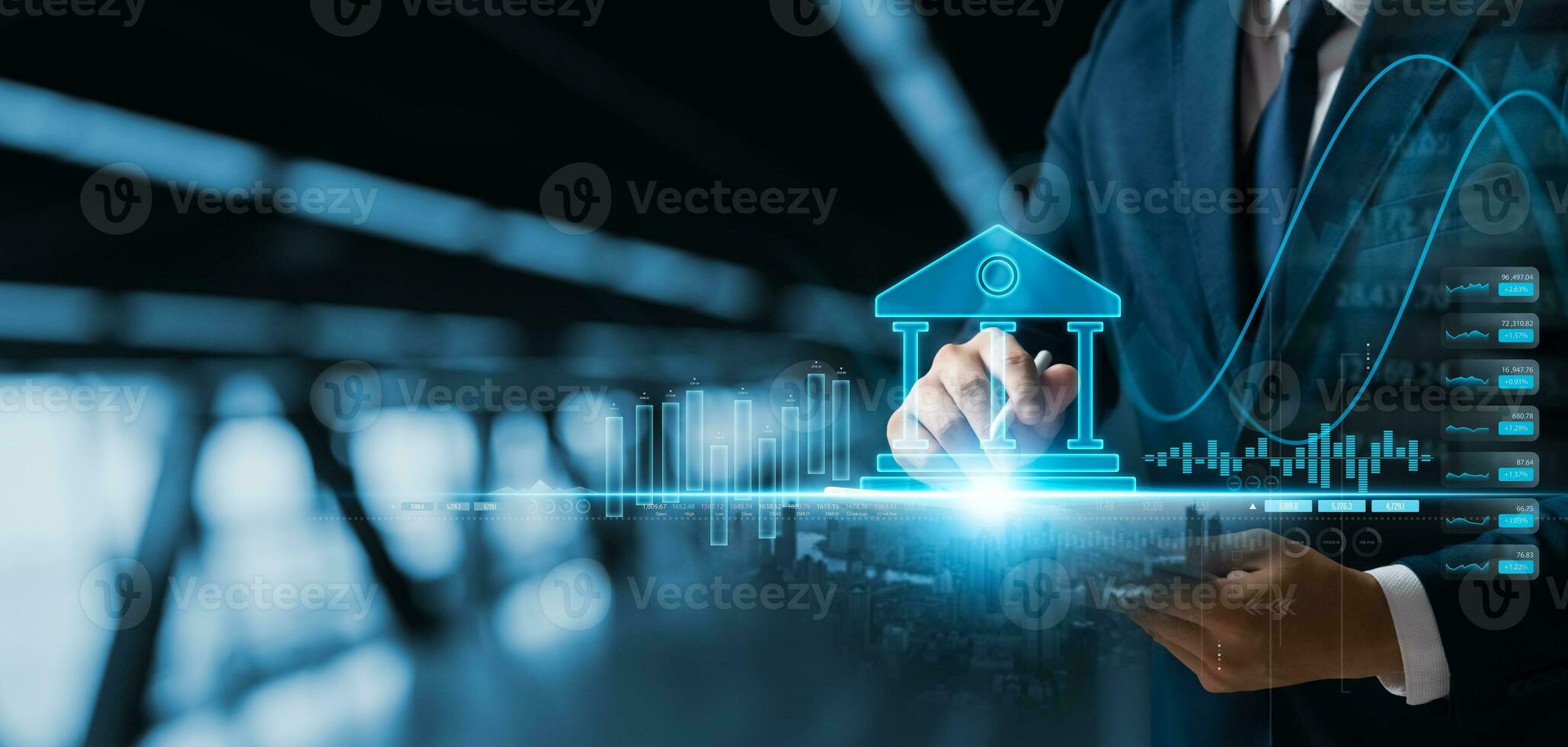 Businessman using tablet Banking and online payments, bank icon, innovative financial technology develop products, investing in currency rate growth and long term profit in global business. photo