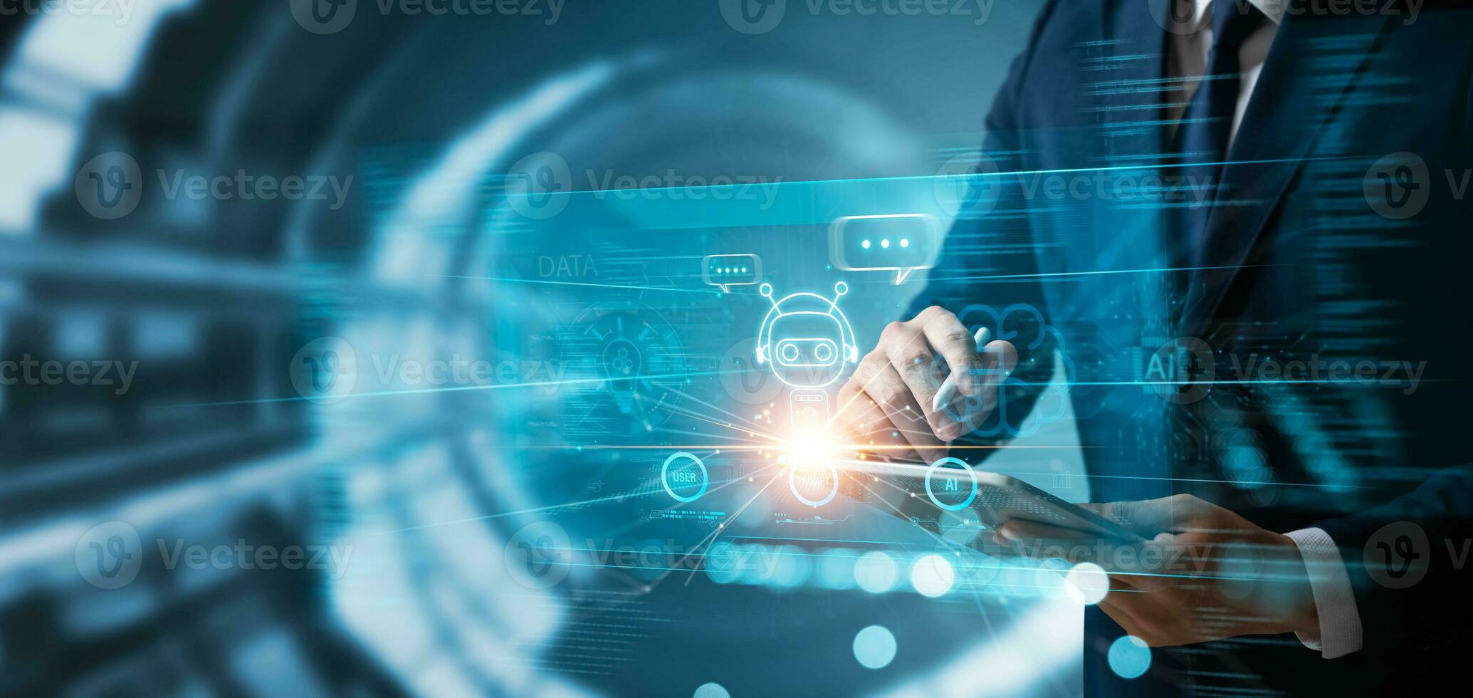 AI technology, AI chatbots communicate and answer questions with business people, artificial intelligence solves problems and assists human decision-making for users to achieve intelligent results. photo