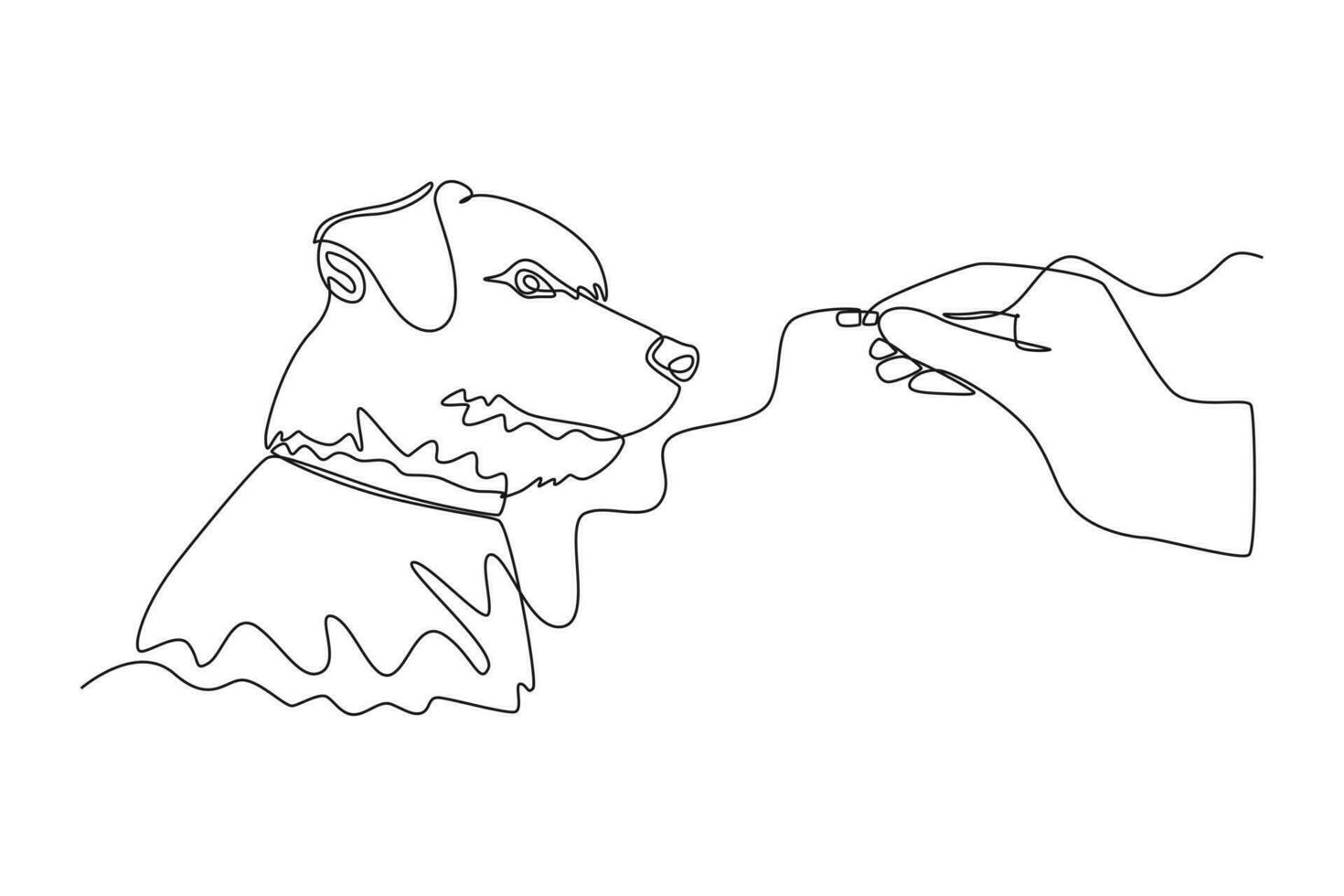 Continuous one line drawing dog get medicine. Urban pets concept. Single line draw design vector graphic illustration.