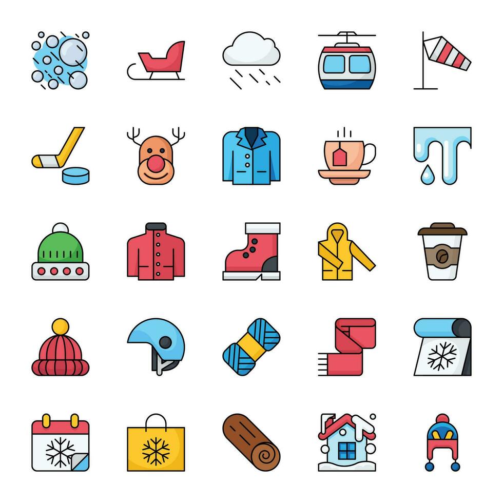 Filled outline icons for Winter season. vector