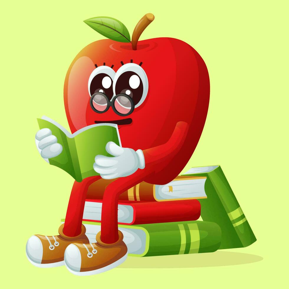 Cute apple character wearing glasses and reading a book vector