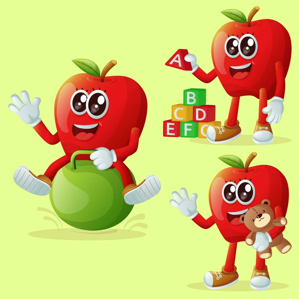 linda manzana caracteres jugando con niño juguetes vector