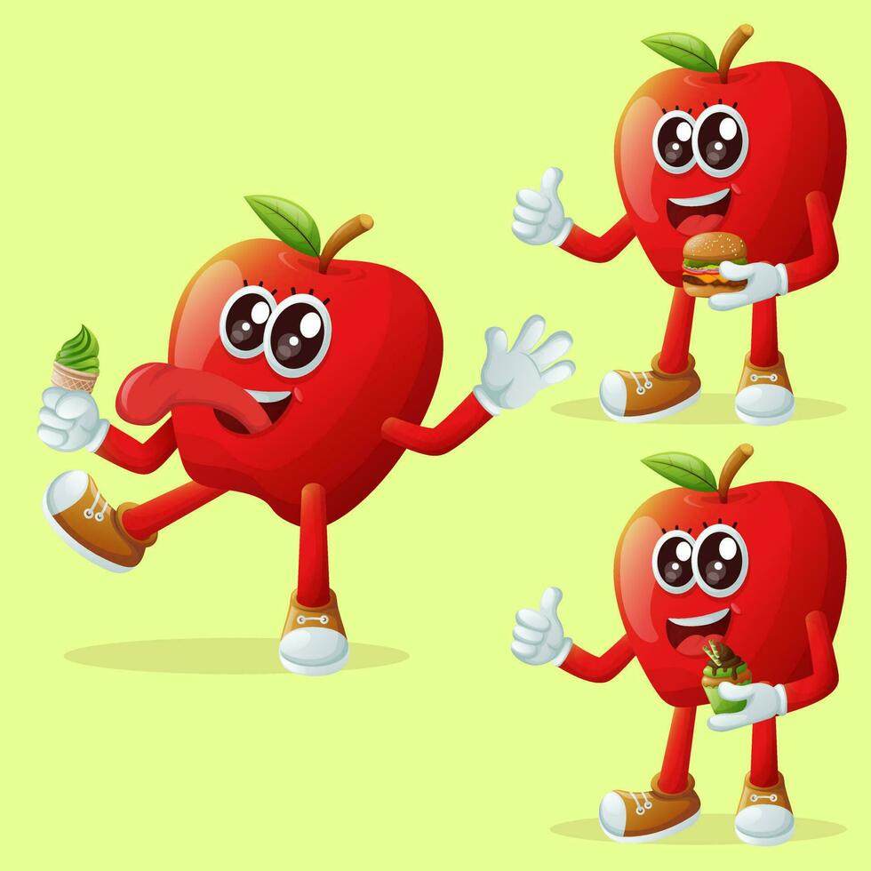 Cute apple characters enjoying food vector