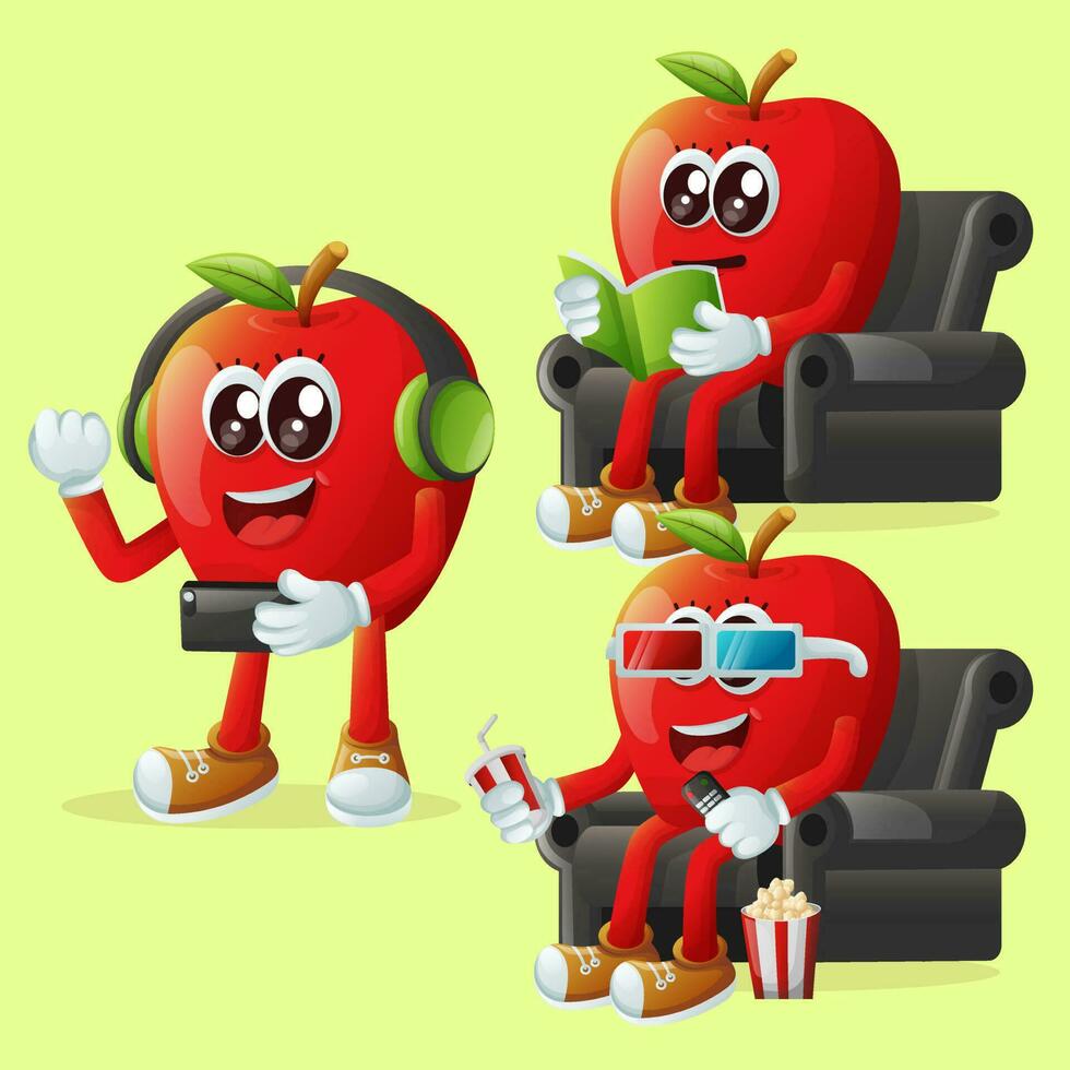 Cute apple characters enjoying leisure activities vector