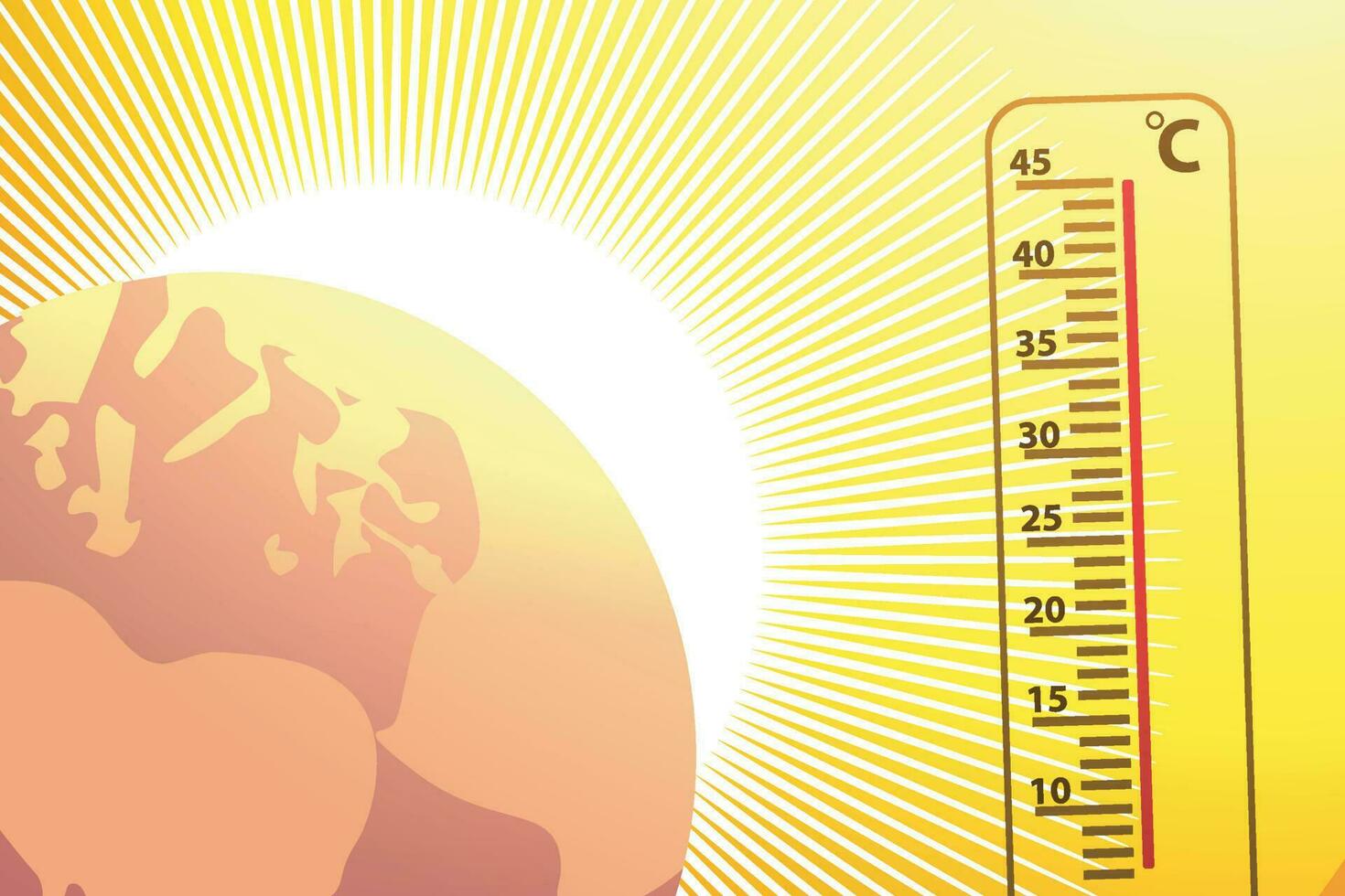 Hot sun heat wave. Climate change. Global warming. High temperature thermometer. Weather warning. vector illustration background