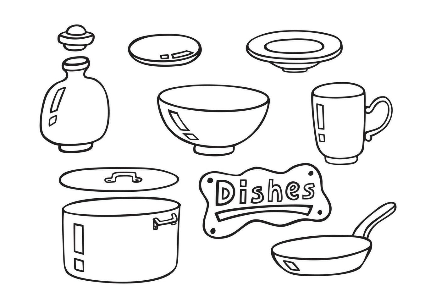 Doodle dishes vector set. Kitchen equipment and objects for cooking. Hand drawn style. Black and white.