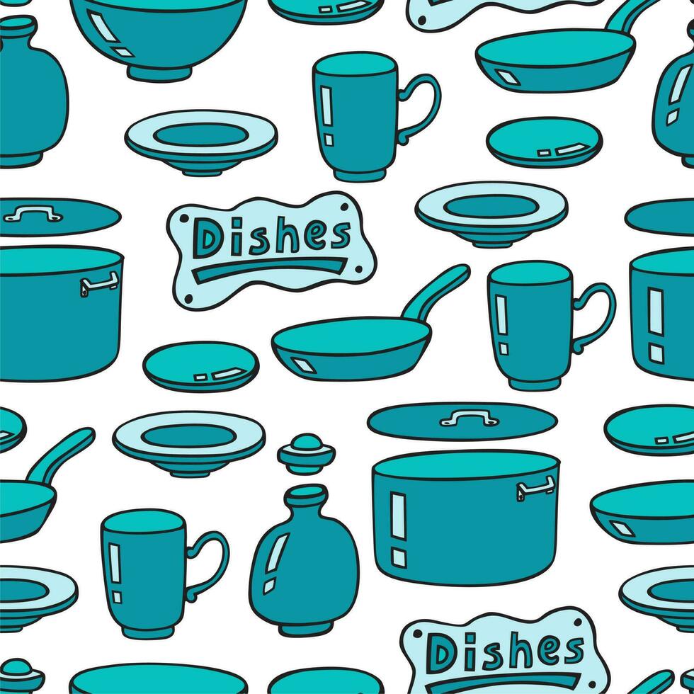 Blue doodle style dishes seamless pattern. White background. vector