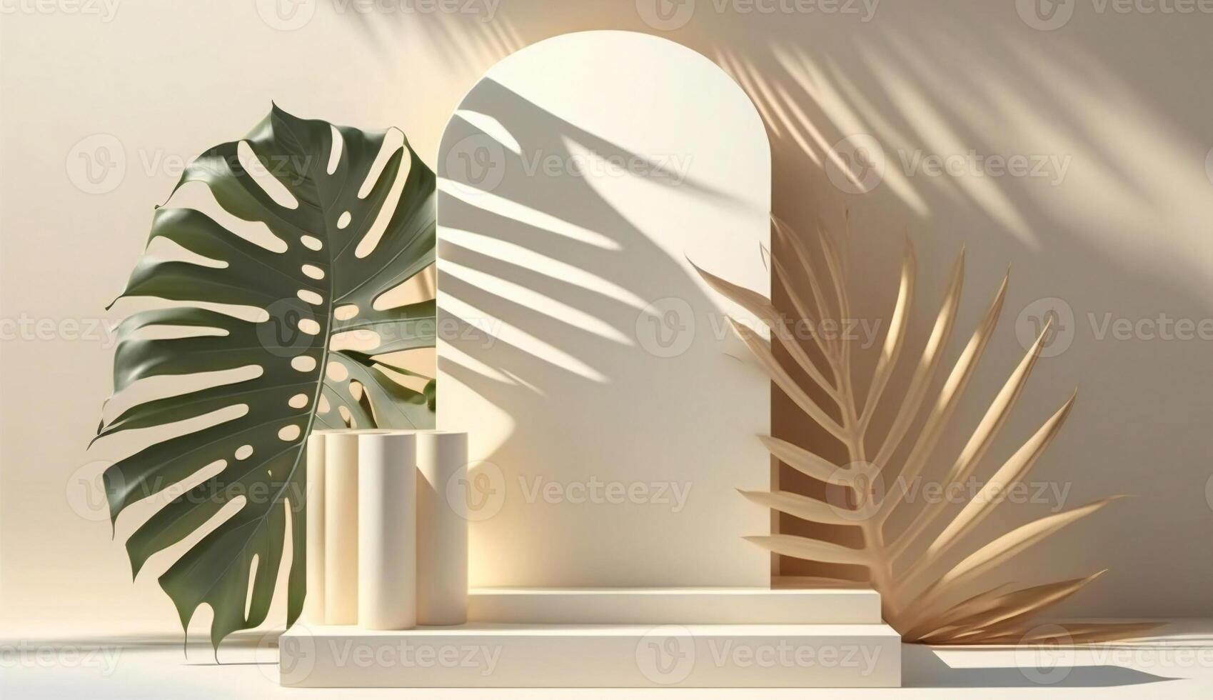 Podium template with foliage drop shadow for product. Beauty mockup with empty tray presentation. . photo
